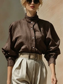 SHEIN Women's Solid Color Single-Breasted Casual Versatile Daily Wear Shirt - Brown - View 6