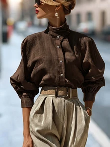 SHEIN Women's Solid Color Single-Breasted Casual Versatile Daily Wear Shirt - Brown - View 1