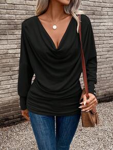 SHEIN Women's Solid Color Draped Button Long Sleeve T-Shirt - Black - View 5