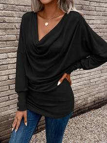 SHEIN Women's Solid Color Draped Button Long Sleeve T-Shirt - Black - View 7