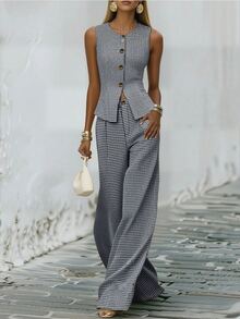 SHEIN Multicolor Plaid Sleeveless Waistcoat And Pants Suit For Women Regular Fit Elegant Two Piece - Multicolor - View 3