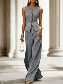 SHEIN Multicolor Plaid Sleeveless Waistcoat And Pants Suit For Women Regular Fit Elegant Two Piece - Multicolor - View 1