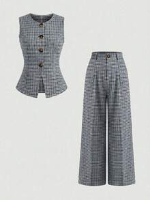SHEIN Multicolor Plaid Sleeveless Waistcoat And Pants Suit For Women Regular Fit Elegant Two Piece - Multicolor - View 5