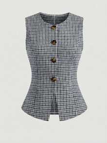 SHEIN Multicolor Plaid Sleeveless Waistcoat And Pants Suit For Women Regular Fit Elegant Two Piece - Multicolor - View 4
