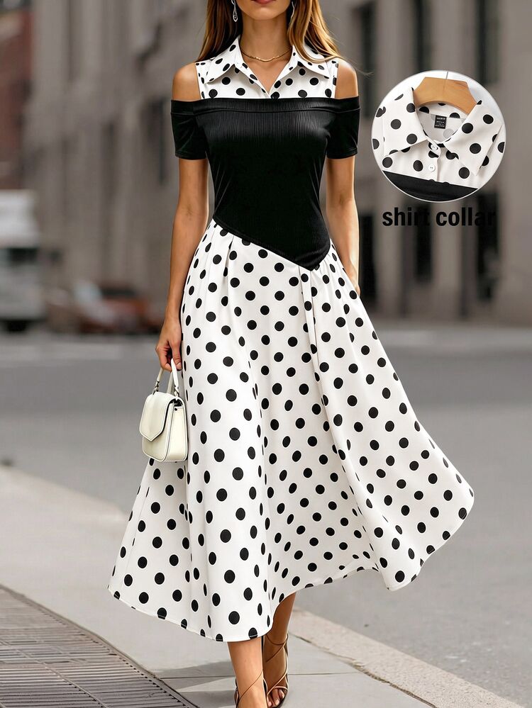 RosyDaze White And Black Polka Dot Off-Shoulder Dress, Elegant Sexy Asymmetric Two-In-One Design Ribbed Knit Shirt Dress, Autumn Tea Party Brunch Summer - Apricot - View 1