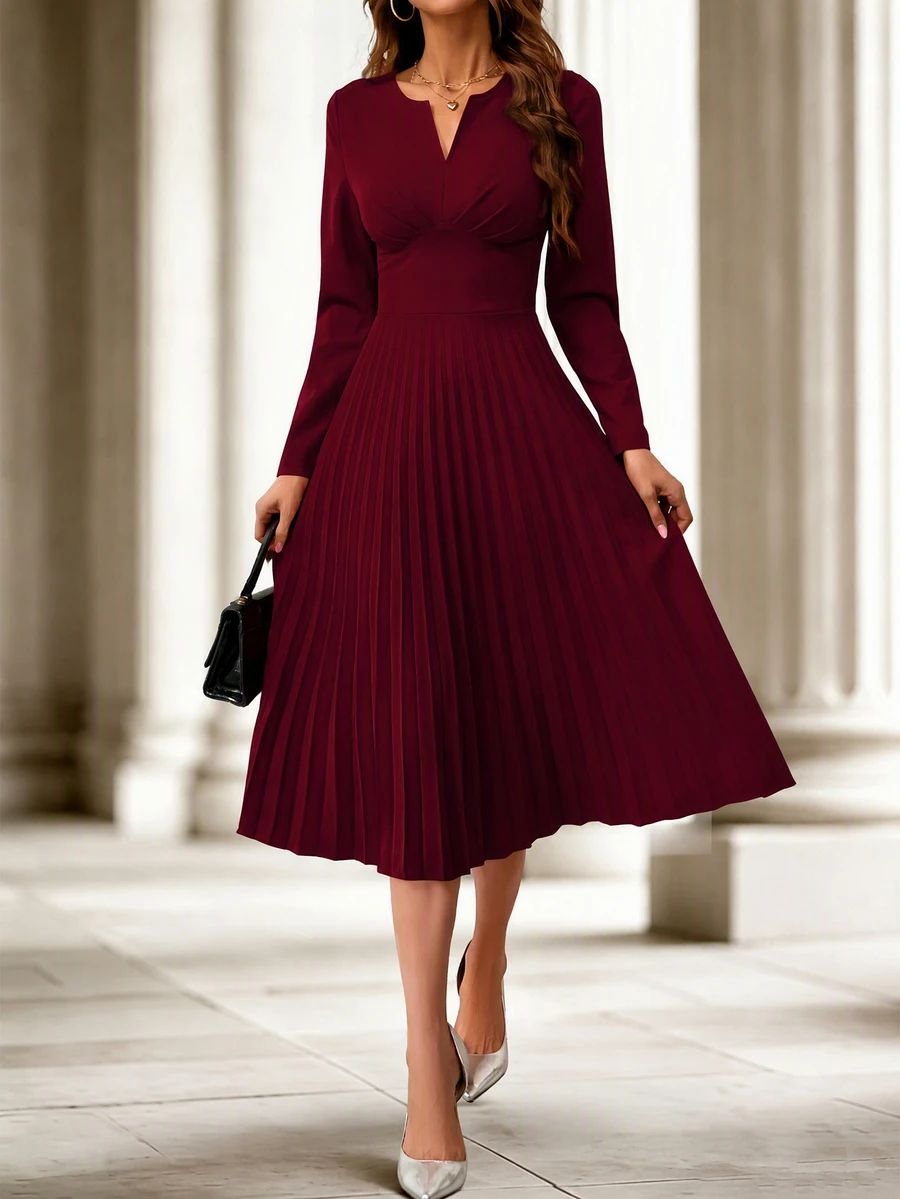 SHEIN Women Dresses Berlipat Plain Anggun - Burgundy - View 1