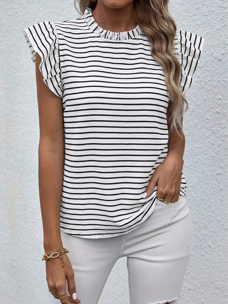 SHEIN Women's Black White Stripe Crew Neck Flutter Sleeve Tee, Ruched Neckline Loose Fit Short-Sleeve Base Layer,Daily Office Vacation Casual Blouse. - White - View 8