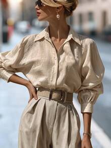 SHEIN Women's Solid Color Single-Breasted Casual Versatile Daily Wear Shirt - Khaki - View 1