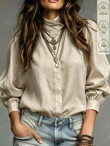 SHEIN Women's Solid Color Single-Breasted Casual Versatile Daily Wear Shirt - Khaki - View 8
