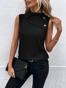SHEIN Mock Neck Button Detail Tank Top - Black - View 6
