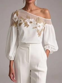 SHEIN Summer White Elegant Casual Asymmetrical Shoulder Mesh Patchwork Lantern Sleeve 3D Floral Applique Comfortable Soft Silky Satin Evening Date Back To School Teacher's Day Romantic Women's Blouse - Beige - View 3