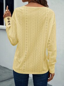 SHEIN 女款V領休閒百搭日常通勤長袖T恤 淡黃色 秋季 - 黃色 - 查看 2