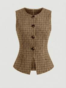 SHEIN 2026 Vintage Plaid Sleeveless Blazer & Pants Set - High-Waisted Button Detail Chic Versatile Two Pieces For Casual Office Vacation - Multicolor - View 6