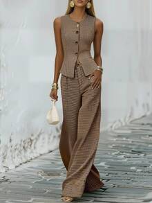 SHEIN 2026 Vintage Plaid Sleeveless Blazer & Pants Set - High-Waisted Button Detail Chic Versatile Two Pieces For Casual Office Vacation - Multicolor - View 3