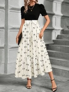 SHEIN 女式夏季杏色 AB 拼色花卉印花长裙女装 - 彩色 - 查看 5