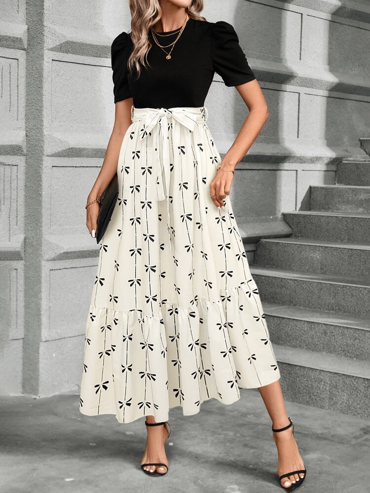 SHEIN Women's Summer Apricot AB Colorblock Floral Printed Dress Maxi Women Outfit - Multicolor - View 5