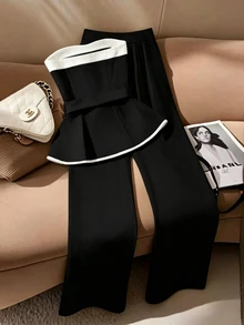 SHEIN Damen Sommer elegantes französisches Stil Schwarz und Weiß Kontrast Bandeau Top weite Beinhose Set Rüschen Top Taillengürtel Zweiteiler Set Abendessen Büro Artikel - Schwarz - Übersicht 2