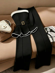 SHEIN Damen Sommer elegantes französisches Stil Schwarz und Weiß Kontrast Bandeau Top weite Beinhose Set Rüschen Top Taillengürtel Zweiteiler Set Abendessen Büro Artikel - Schwarz - Übersicht 4
