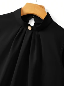 SHEIN 女款素色立領百褶襯衫，適合日常通勤、辦公商務，黑色夏季優雅休閒，教師節穿搭 - 黑色 - 查看 4