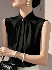 SHEIN 女款素色立領百褶襯衫，適合日常通勤、辦公商務，黑色夏季優雅休閒，教師節穿搭 - 黑色 - 查看 3