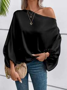 SHEIN 女士纯色不对称领蝙蝠袖宽松衬衫 - 黑色 - 查看 3