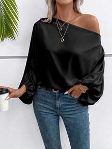 SHEIN 女士纯色不对称领蝙蝠袖宽松衬衫 - 黑色 - 查看 6