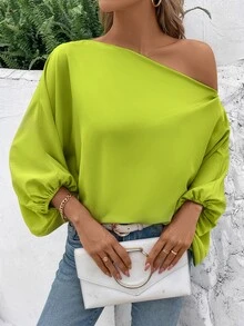 SHEIN Camisa casual de primavera y verano para mujer de un solo hombro con mangas de murciélago y patrón floral aleatorio - Verde - Ver 6
