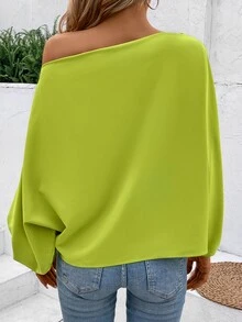 SHEIN Camisa casual de primavera y verano para mujer de un solo hombro con mangas de murciélago y patrón floral aleatorio - Verde - Ver 2