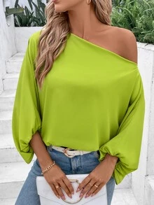 SHEIN Camisa casual de primavera y verano para mujer de un solo hombro con mangas de murciélago y patrón floral aleatorio - Verde - Ver 10