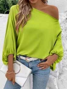 SHEIN Camisa casual de primavera y verano para mujer de un solo hombro con mangas de murciélago y patrón floral aleatorio - Verde - Ver 5