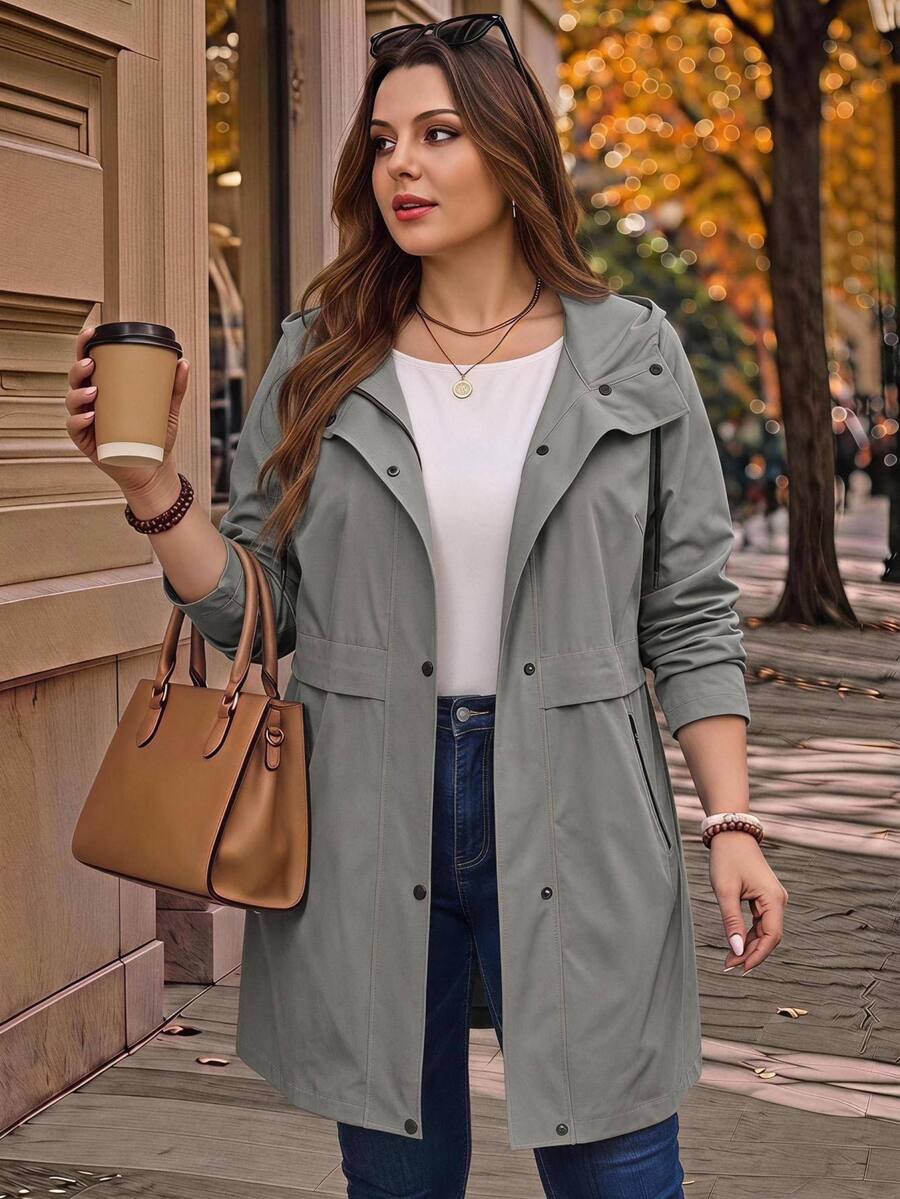 Rosumi Plus Size Women's Solid Color Casual Versatile Daily Travel Trench Coat Jacket - Light Grey - View 1