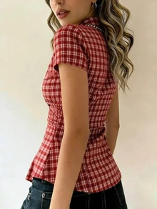 Sundraya Light Yellow Fine Plaid Collar Short Sleeve Shirt - Red - View 2