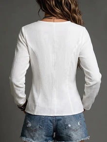 SHEIN Women's Casual Boho Solid Color Overlap V-Neck Shirt Suitable For Daily Wear Vacation White Autumn - White - View 2