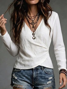 SHEIN Women's Casual Boho Solid Color Overlap V-Neck Shirt Suitable For Daily Wear Vacation White Autumn - White - View 6