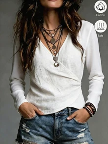 SHEIN Women's Casual Boho Solid Color Overlap V-Neck Shirt Suitable For Daily Wear Vacation White Autumn - White - View 3