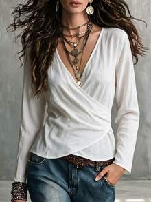 SHEIN Women's Casual Boho Solid Color Overlap V-Neck Shirt Suitable For Daily Wear Vacation White Autumn - White - View 1