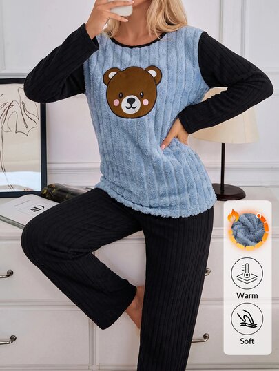 SHEIN Bear Applique Fluffy Contrast Panel Top With Pants Casual Pajama Set