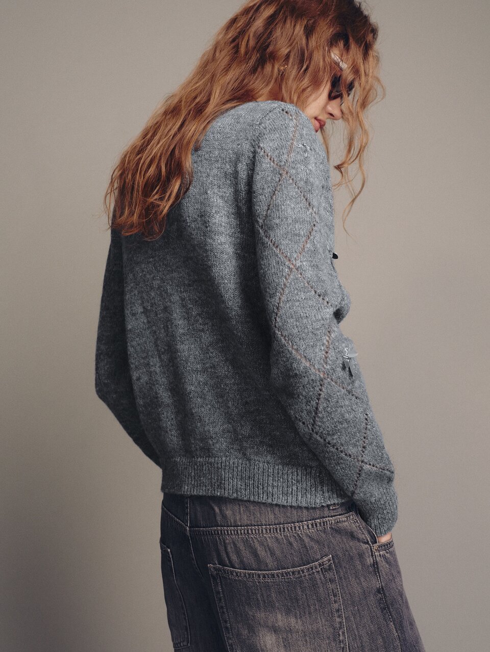 MOTF ARGYLE POINTELLE KNIT HAND-BEADED & SEQUIN EMBELLISHED FITTED CARDIGAN