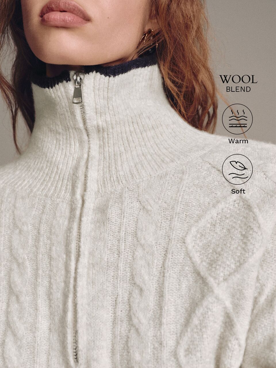 MOTF ZIP-UP TURN-DOWN COLLAR LOOSE CABLE KNIT PULLOVER SWEATER