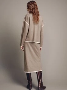 MOTF PREMIUM 2PCS SET HALF-HIGH NECK CONTRAST TRIM LOOSE KNIT TOP AND SKIRT - Camel - View 6