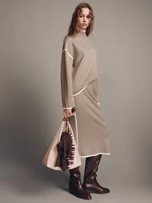 MOTF PREMIUM 2PCS SET HALF-HIGH NECK CONTRAST TRIM LOOSE KNIT TOP AND SKIRT - Camel - View 4