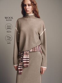 MOTF PREMIUM 2PCS SET HALF-HIGH NECK CONTRAST TRIM LOOSE KNIT TOP AND SKIRT - Camel - View 7