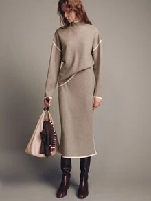 MOTF PREMIUM 2PCS SET HALF-HIGH NECK CONTRAST TRIM LOOSE KNIT TOP AND SKIRT - Camel - View 5
