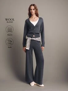 MOTF PREMIUM WOMEN'S SOLID COLOR SINGLE-BREASTED WAIST-CINCHING CARDIGAN AND KNIT WIDE-LEG PANTS 2 PIECES SET - Dark Grey - View 1