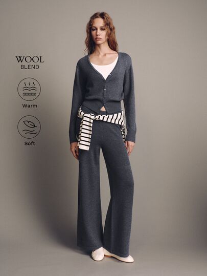 MOTF PREMIUM WOMEN'S SOLID COLOR SINGLE-BREASTED WAIST-CINCHING CARDIGAN AND KNIT WIDE-LEG PANTS 2 PIECES SET