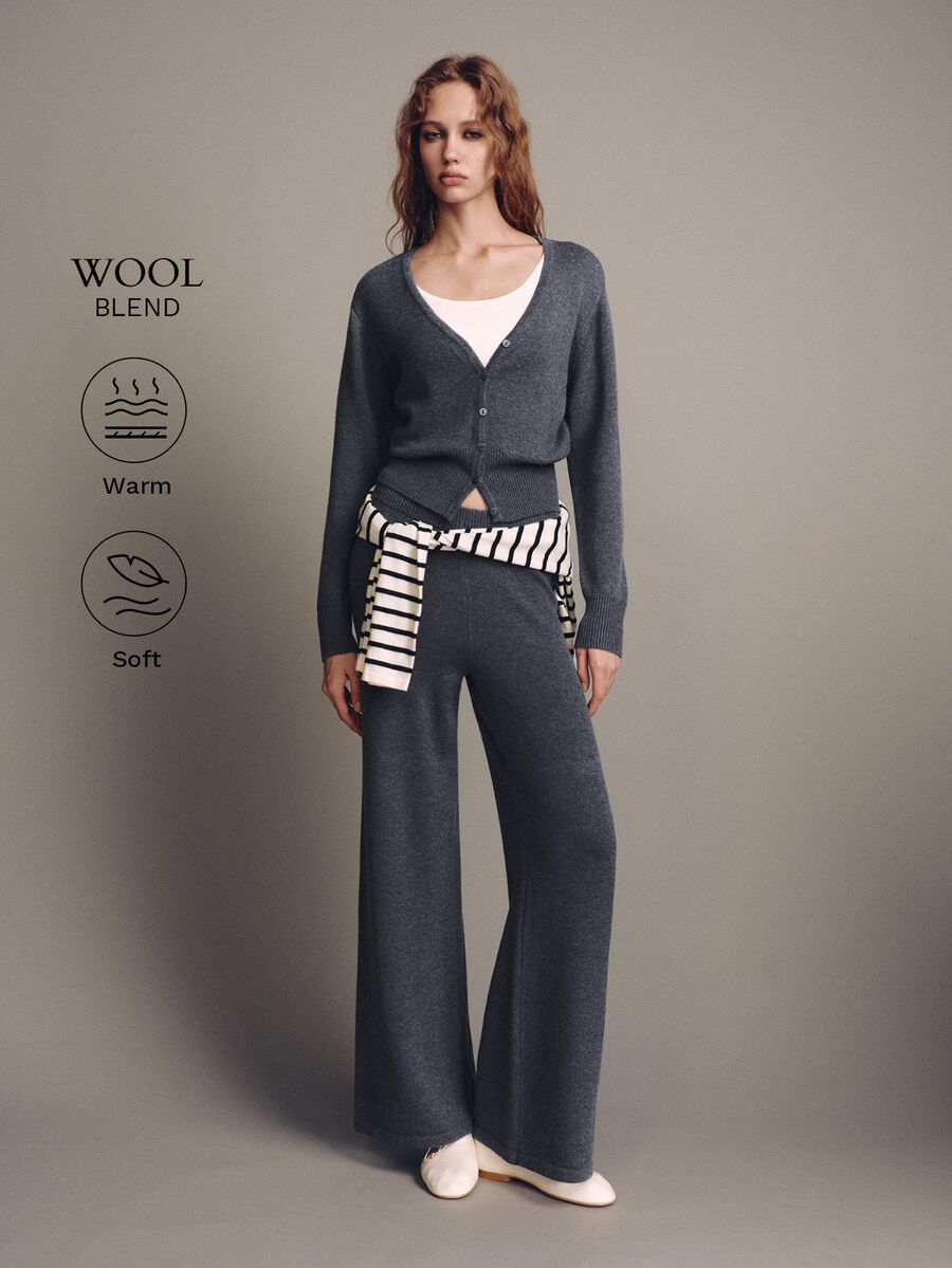 MOTF PREMIUM WOMEN'S SOLID COLOR SINGLE-BREASTED WAIST-CINCHING CARDIGAN AND KNIT WIDE-LEG PANTS 2 PIECES SET - Dark Grey - View 1