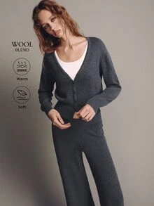 MOTF PREMIUM WOMEN'S SOLID COLOR SINGLE-BREASTED WAIST-CINCHING CARDIGAN AND KNIT WIDE-LEG PANTS 2 PIECES SET - Dark Grey - View 3