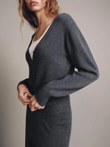 MOTF PREMIUM WOMEN'S SOLID COLOR SINGLE-BREASTED WAIST-CINCHING CARDIGAN AND KNIT WIDE-LEG PANTS 2 PIECES SET - Dark Grey - View 6
