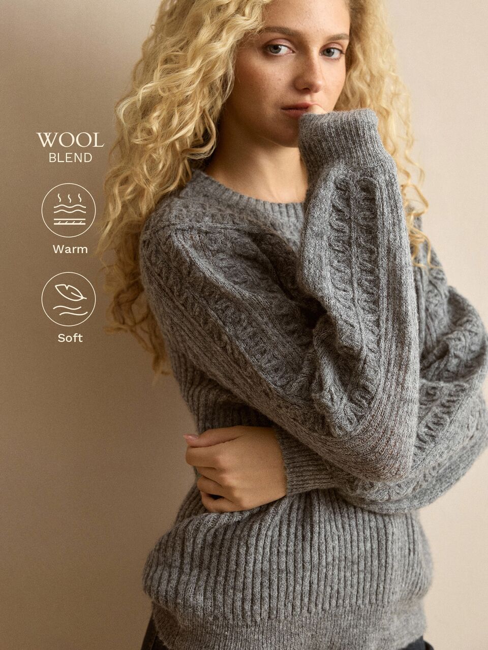 MOTF WOMEN'S AUTUMN/WINTER ROUND NECK SMALL LANTERN SLEEVE CROCHET LONG SLEEVE KNIT SWEATER
