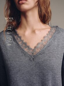 MOTF PREMIUM MINIMALIST LOOSE LACE PATCHWORK V-NECK SWEATER - Grey - View 1
